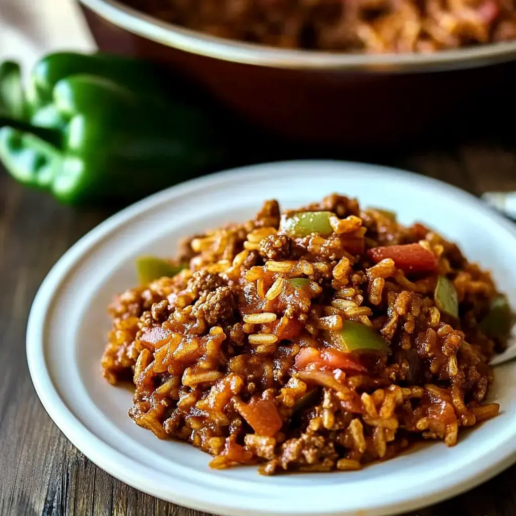 Une portion de bœuf assaisonné et riz mélangés avec des poivrons verts et tomates sur une assiette blanche, avec une marmite du plat et des poivrons verts en arrière-plan.