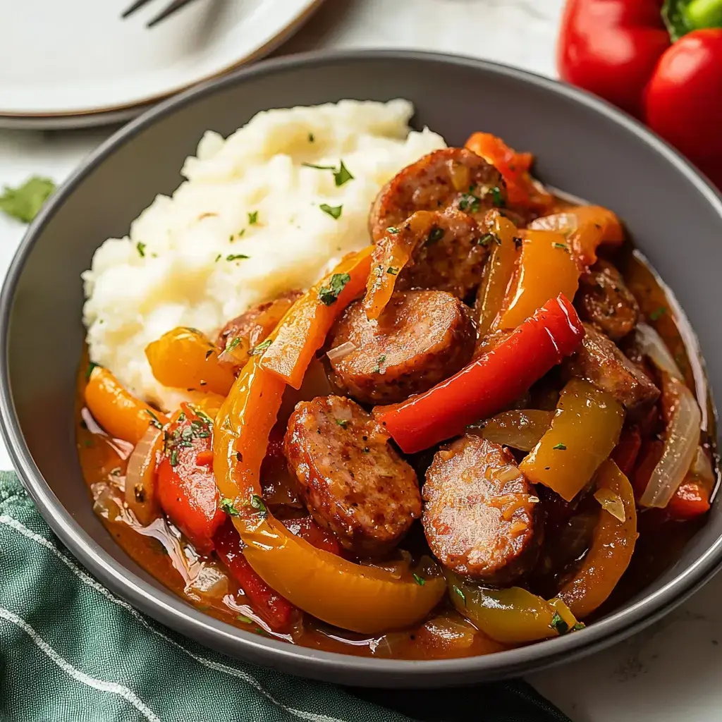 Un bol de saucisses et poivrons mélangés servi avec une purée crémeuse, garni d'herbes fraîches.