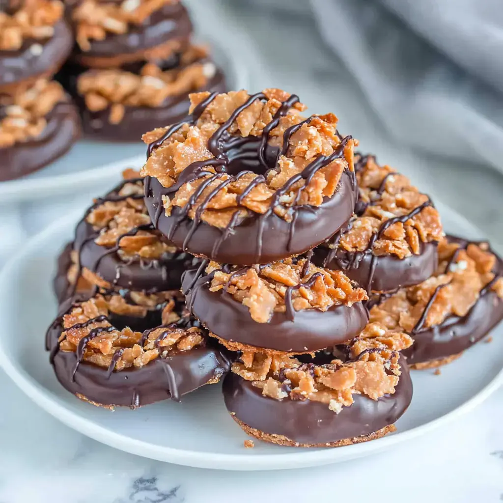 Gros plan sur des petits anneaux sablés nappés de caramel, coco grillée et filet de chocolat noir.