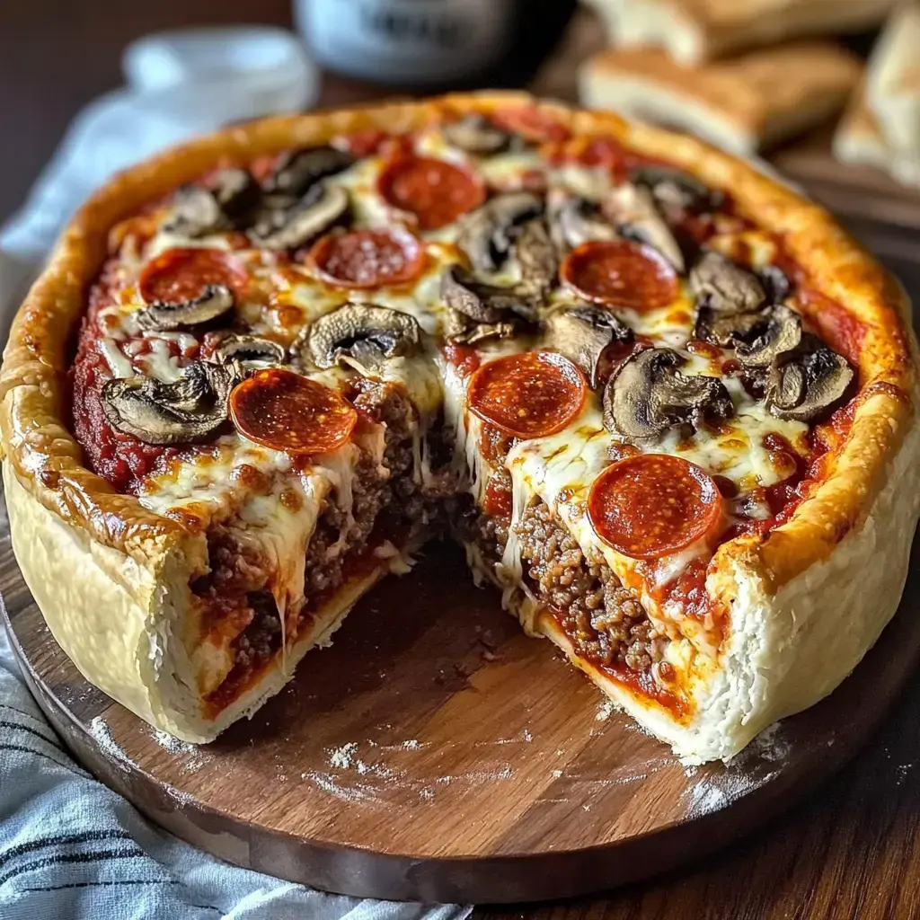 Une part de pizza épaisse, garnie de pepperoni et champignons, laisse voir les couches de viande et fromage sur une planche en bois.