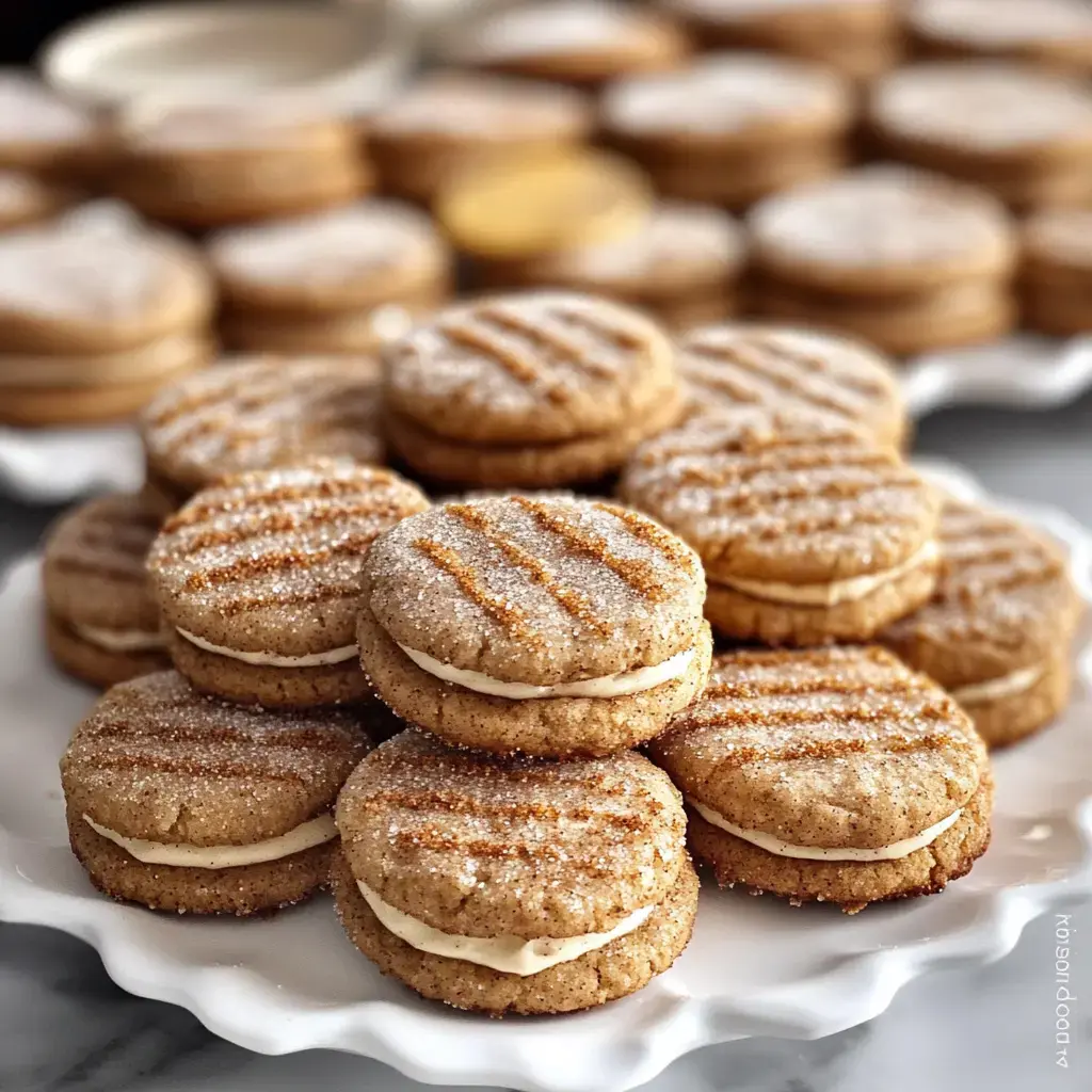Un gros plan de biscuits sandwich saupoudrés de sucre avec une garniture crémeuse, disposés sur une assiette blanche, avec d'autres biscuits flous en arrière-plan.