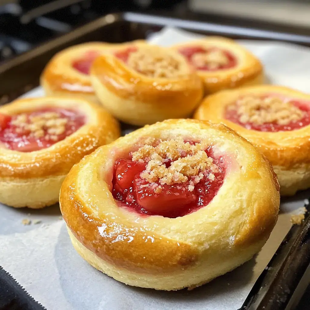 Zoom sur de tendres petits pains garnis de fruits rouges et crumble doré sur plaque de cuisson.