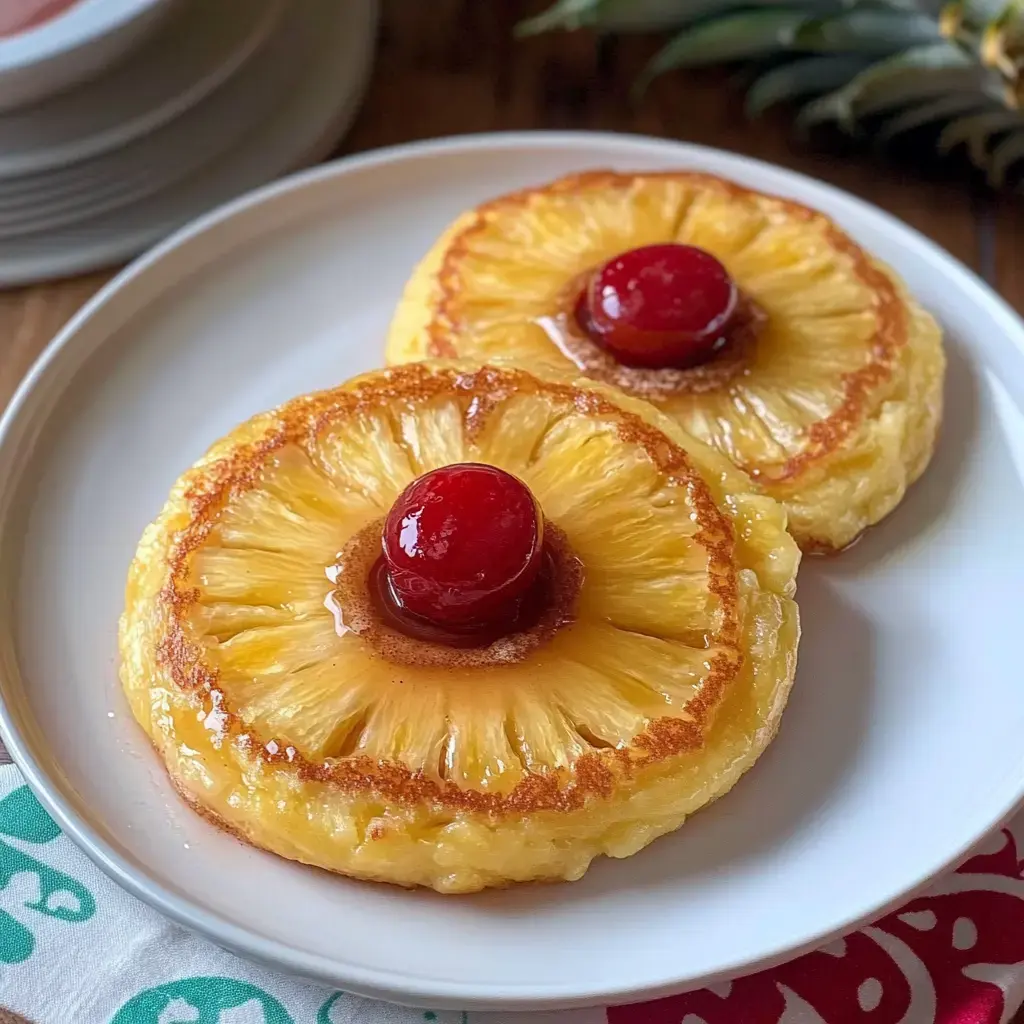 Une assiette présentant deux anneaux d'ananas caramélisés garnis de cerises au marasquin.
