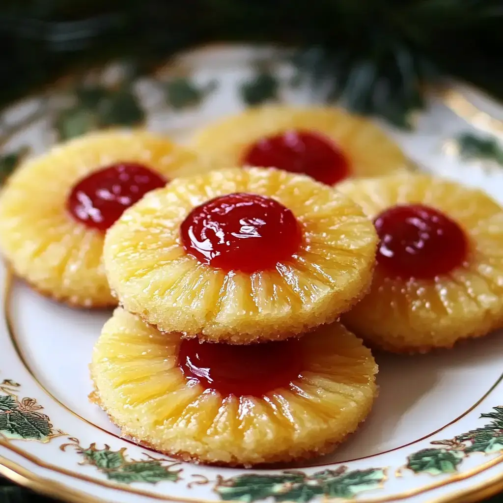 Assiette de parts de gâteau ananas renversé surmontées de confiture de cerise.