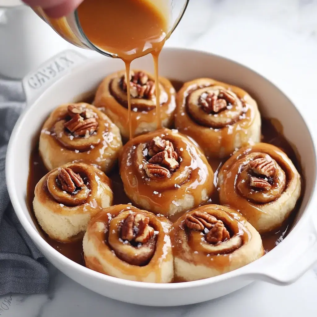 Un plat de brioches à la cannelle fraîchement cuites nappées de sauce caramel et de noix de pécan, avec du caramel versé par-dessus.