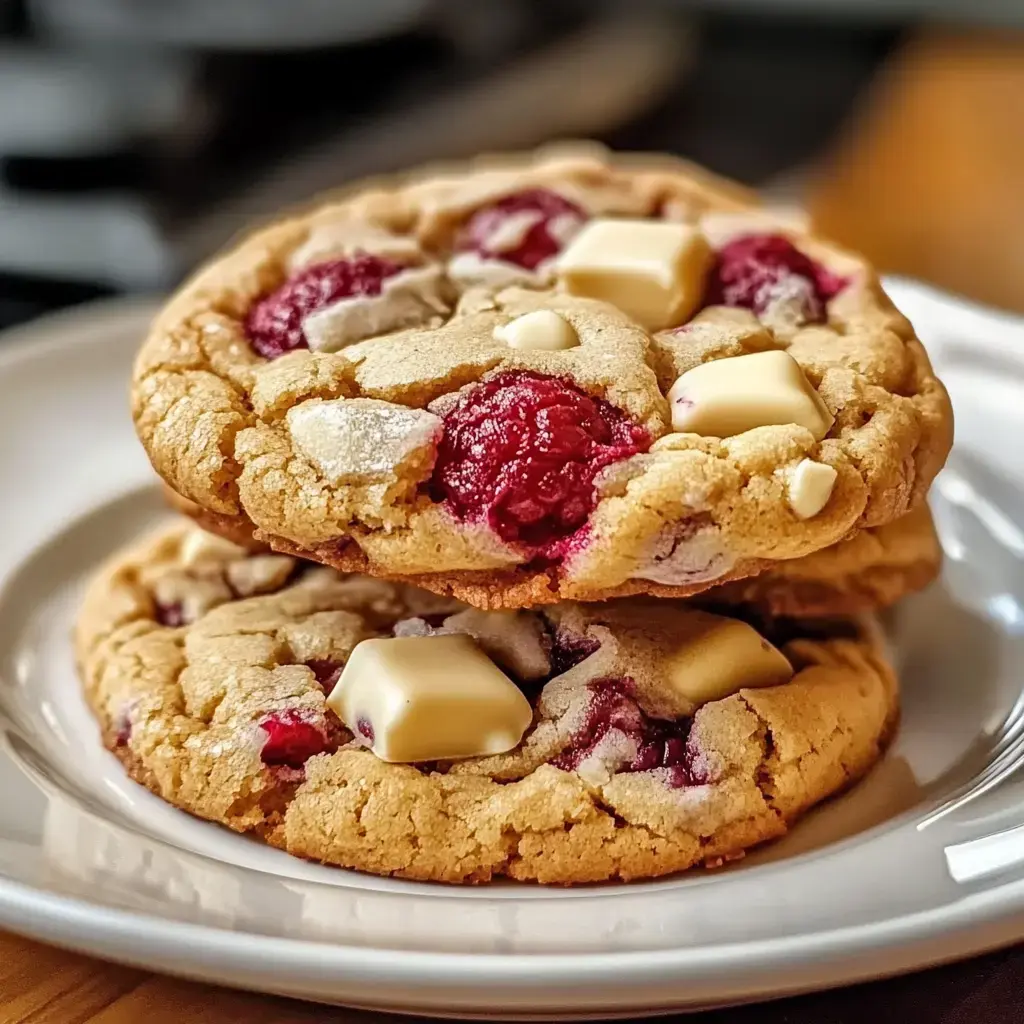 Zoom sur deux cookies superposés remplis de morceaux de chocolat blanc et framboises sur une assiette blanche.