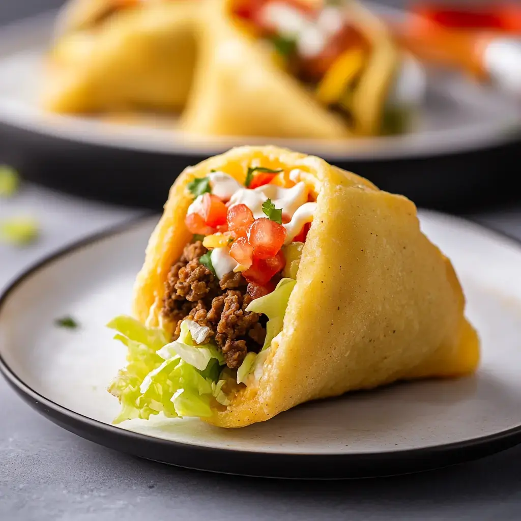 Gros plan d'un taco rempli de viande hachée, laitue, tomates coupées et sauces sur une assiette.