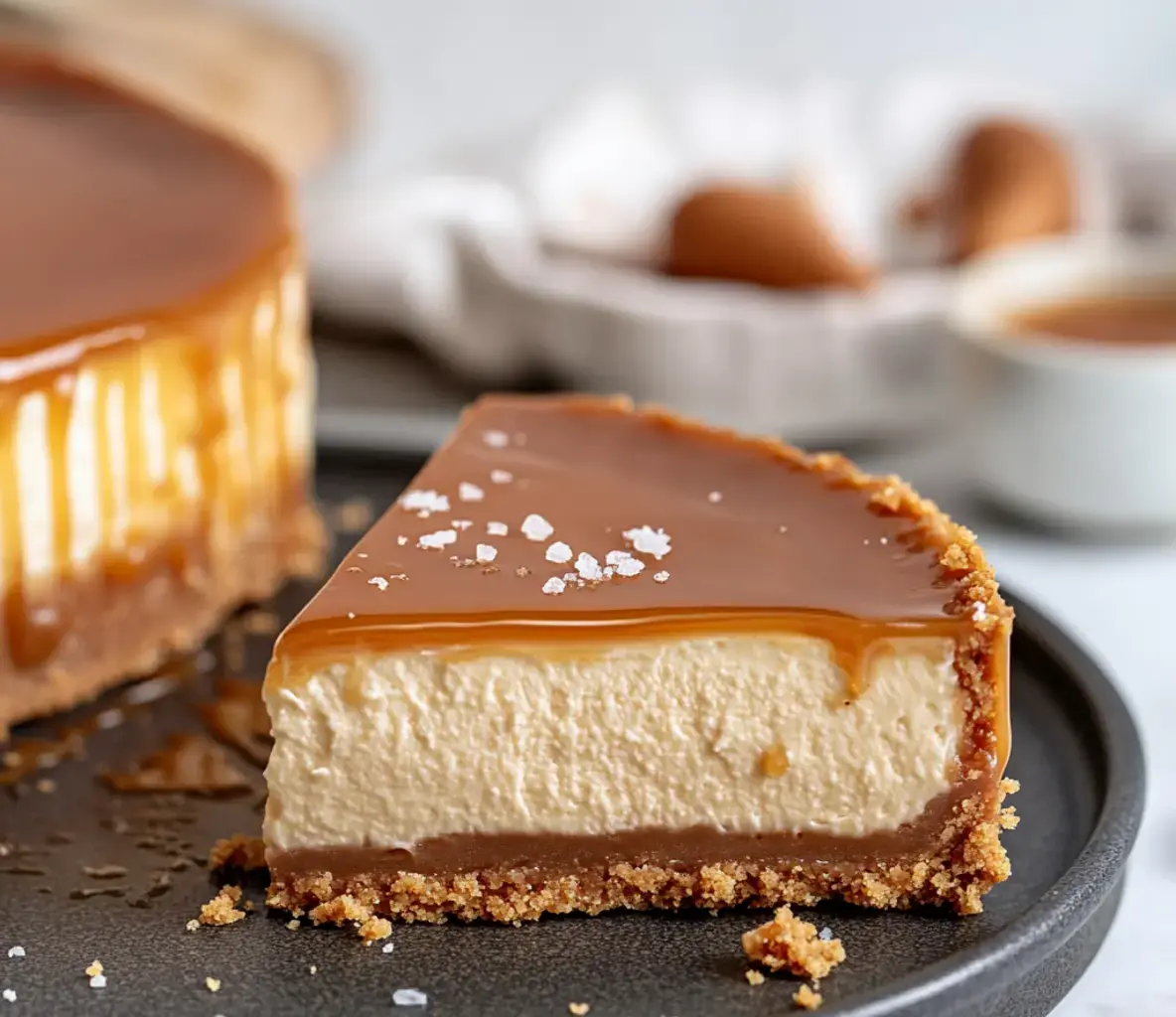 Une part de cheesecake crémeux au caramel avec un nappage brillant et une base de biscuits émiettés.