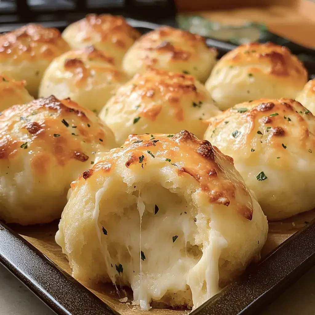 De savoureux petits pains dorés fourrés au fromage fondant, l’un ouvert laissant voir la mozzarella filante.