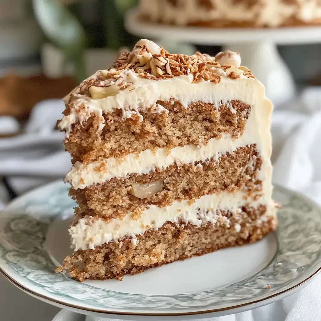 Une part de gâteau moelleux avec glaçage blanc et noix sur une jolie assiette.