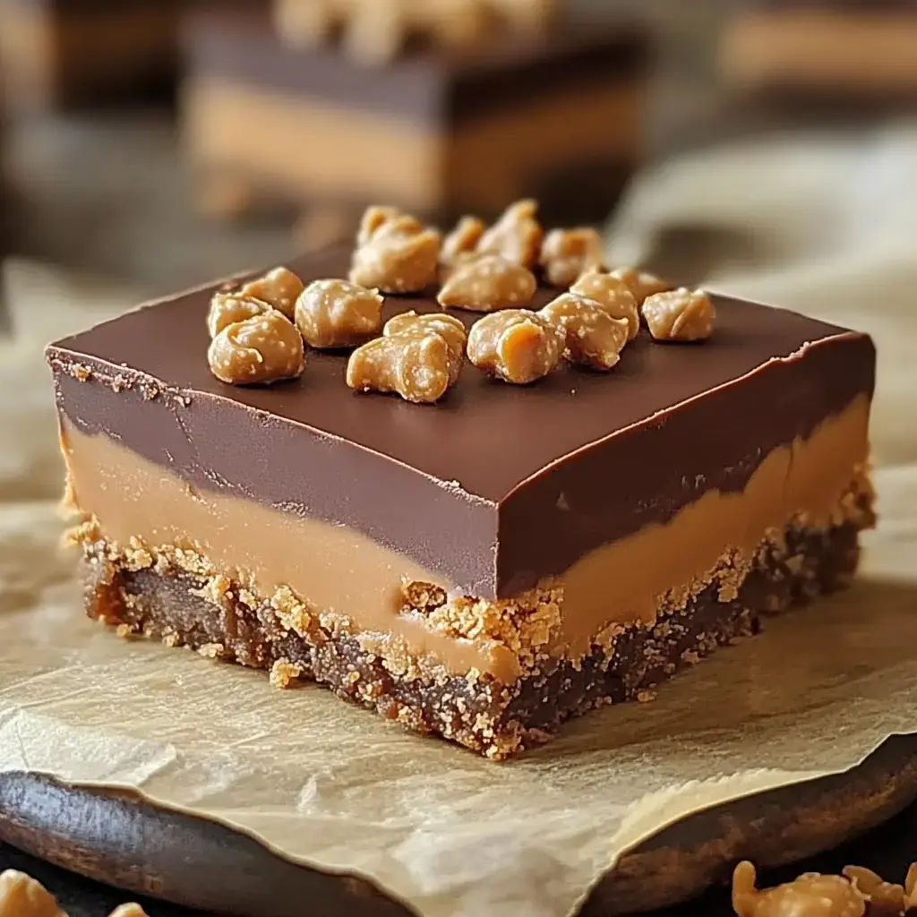 Zoom sur une gourmandise en couches : base biscuitée, caramel et dessus chocolaté et brillance dorée.