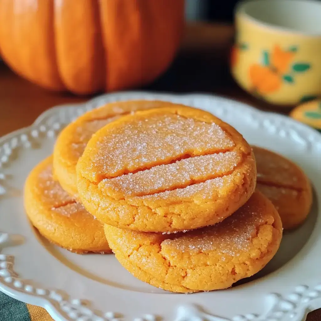 Une assiette de biscuits orange dorés, saupoudrés de sucre, devant une citrouille déco.