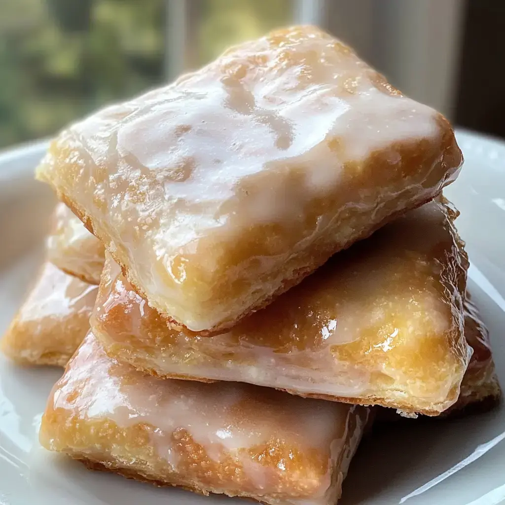 Une pile de pâtisseries glacées présentée sur une assiette blanche.