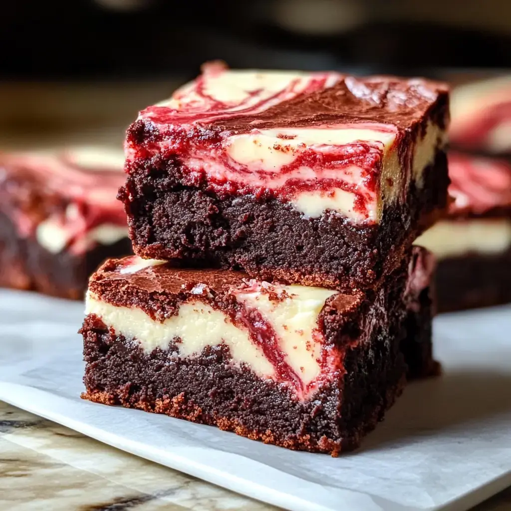 Deux brownies au chocolat riches surmontés d’un tourbillon blanc et rouge crémeux posés sur une surface blanche.
