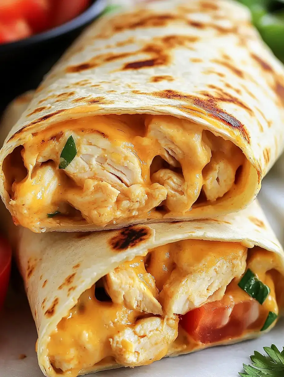 Gros plan sur deux wraps poulet-fromage grillés, fromage coulant et tomates, ingrédients frais autour