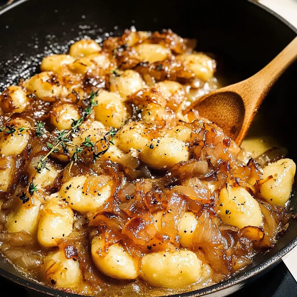 Une vue rapprochée de gnocchi sautés mélangés avec des oignons caramélisés et garnis de thym frais dans une poêle.