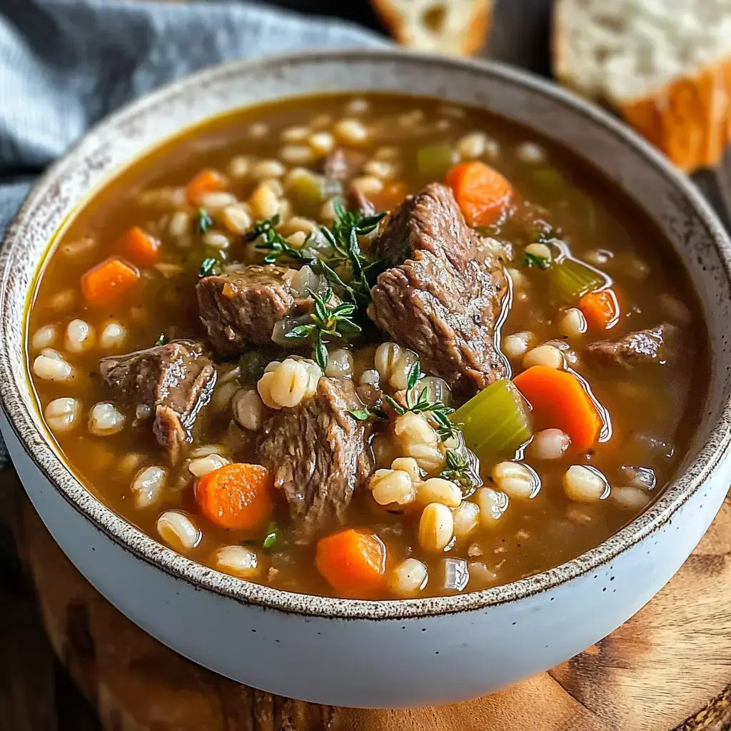 Un bol appétissant de soupe au bœuf et à l'orge avec carottes, céleri et herbes, servi avec des tranches de pain.