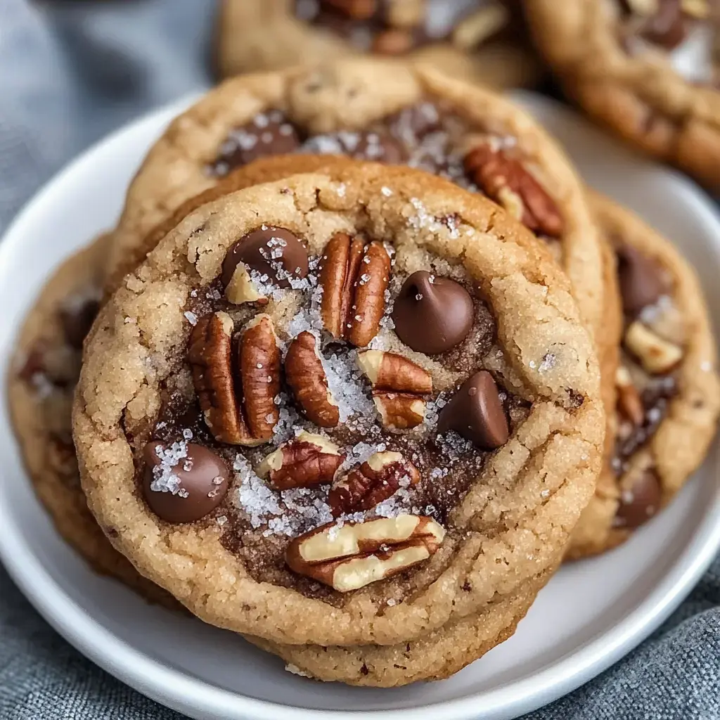 Gros plan sur des cookies dorés aux pépites de chocolat et noix de pécan, déposés sur une assiette blanche, saupoudrés de sel de mer.