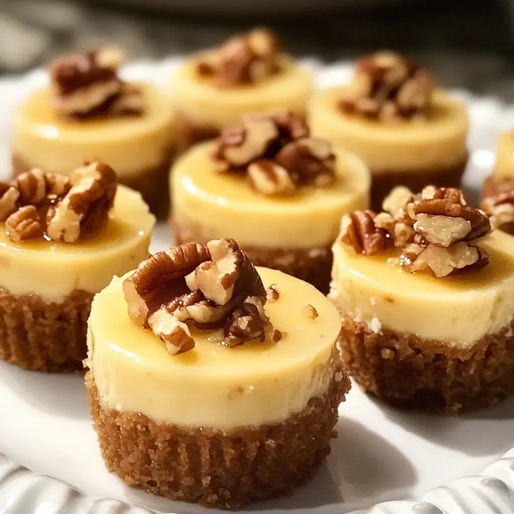 Gros plan sur des mini cheesecakes aux noix de pécan sur une assiette blanche décorative.