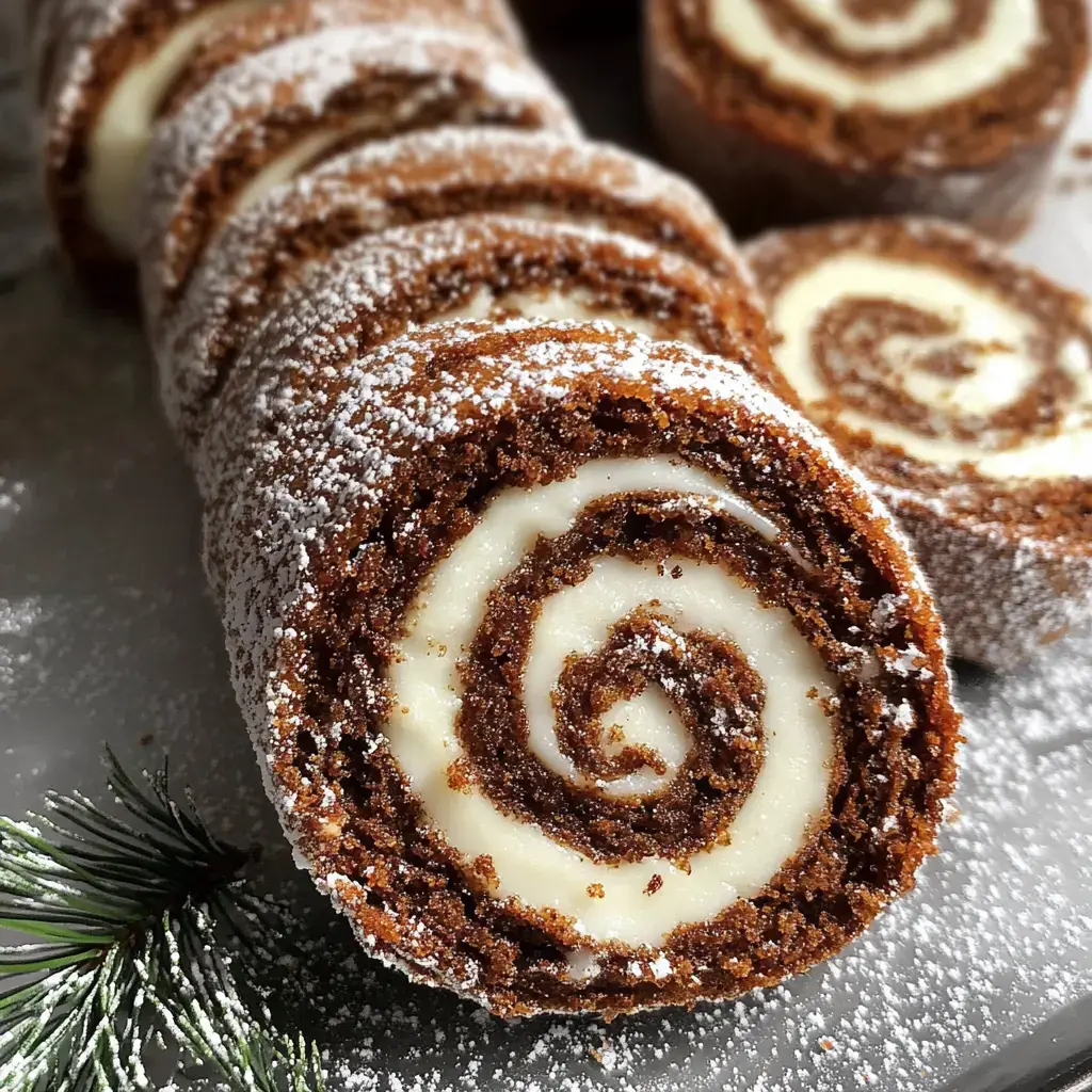 Un gros plan de tranches de gâteau roulé au chocolat saupoudrées de sucre glace, révélant une garniture crémeuse blanche et un motif en spirale.