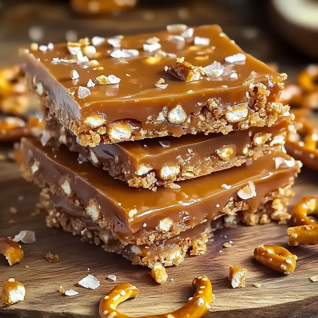 Un trio de barres au caramel et pretzel parsemées de sel de mer, avec des pretzels dispersés sur une table en bois.