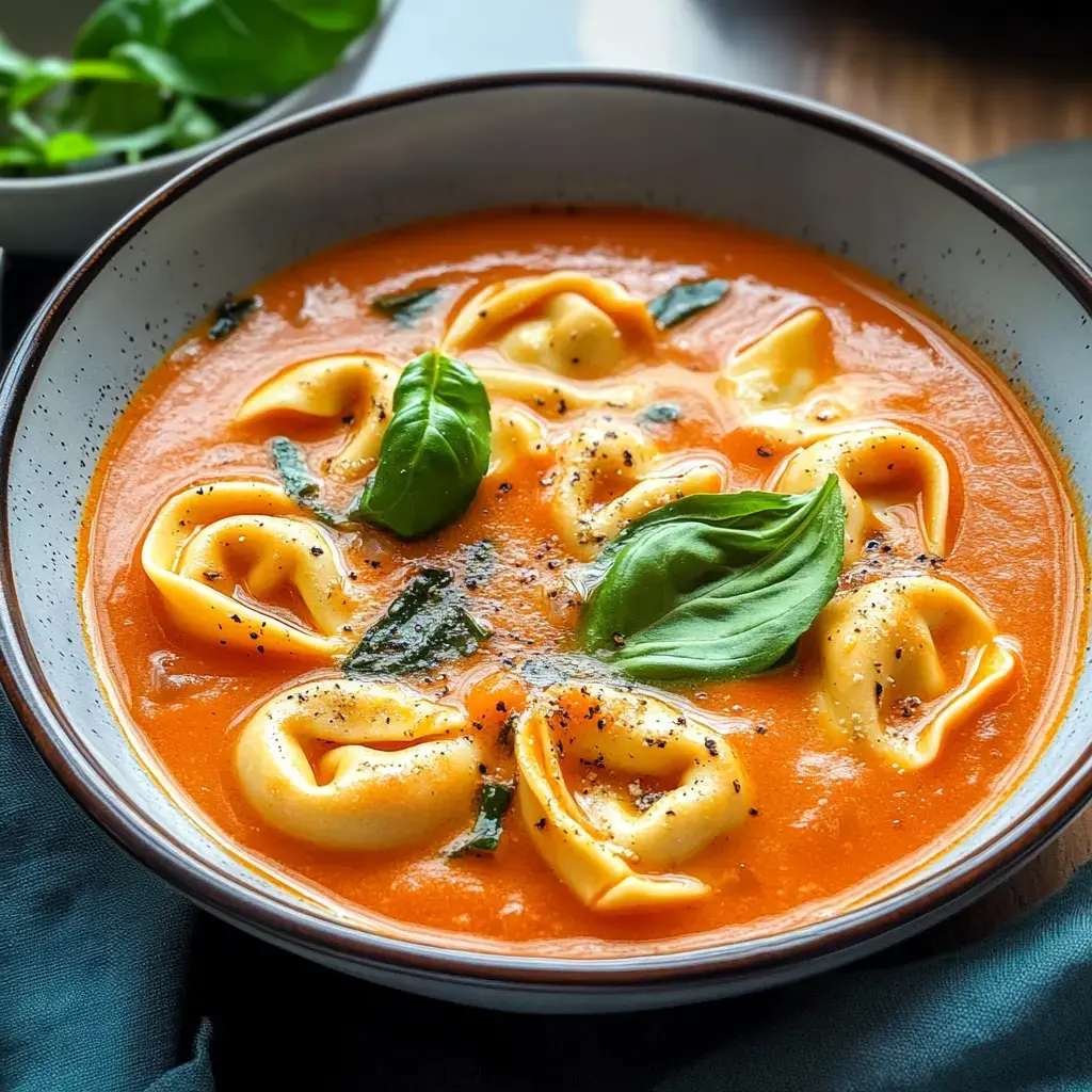 Bol de tortellinis dans une soupe crémeuse à la tomate, décoré de basilic frais et poivre.