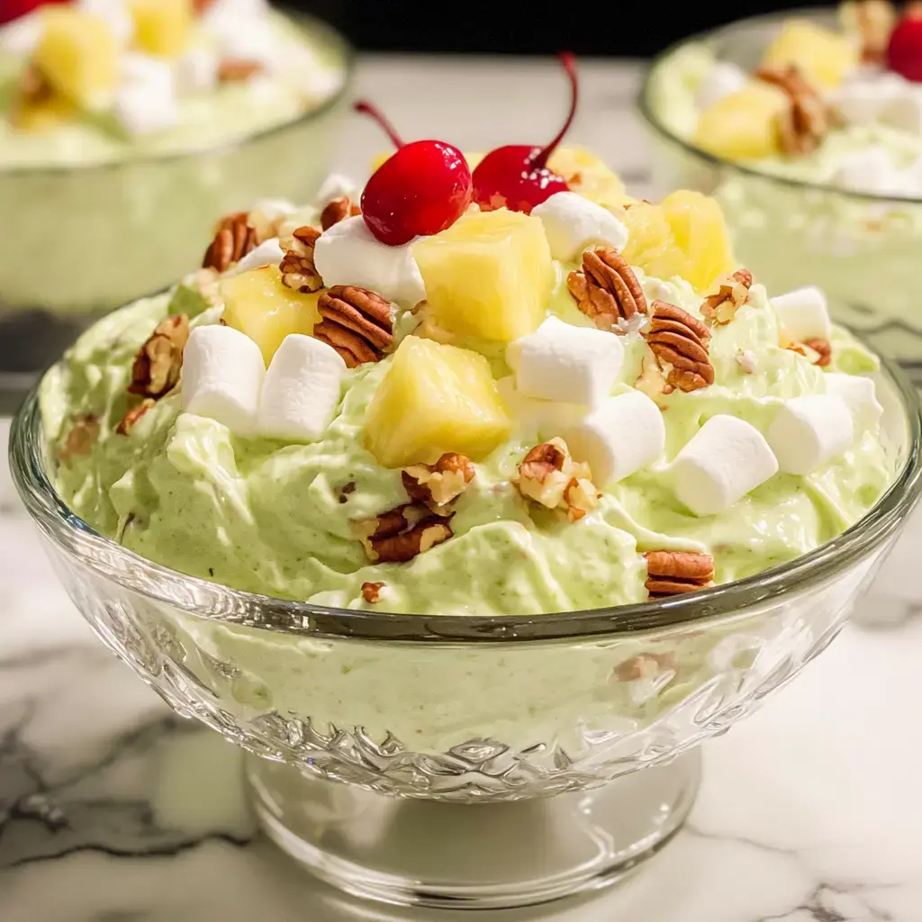 Un bol de dessert vert mousseux avec noix de pécan, ananas, mini-guimauves et cerises confites.