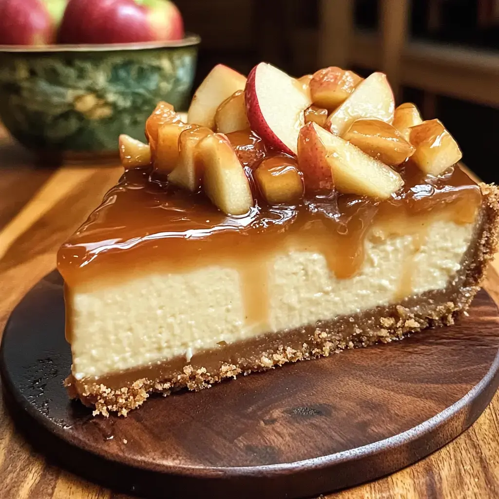 Part de cheesecake nappée de caramel et dés de pomme sur assiette en bois, pommes entières en arrière-plan.