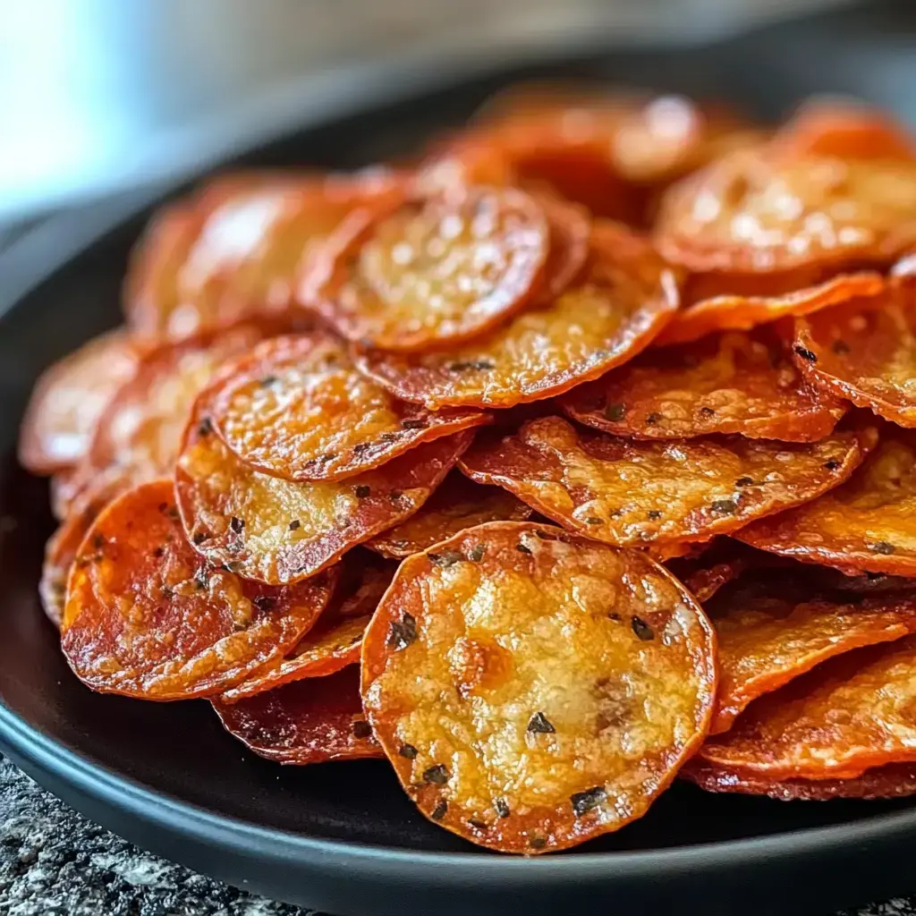 Gros plan sur un tas brillant de tranches de pepperoni croustillantes cuites au four sur une assiette noire.