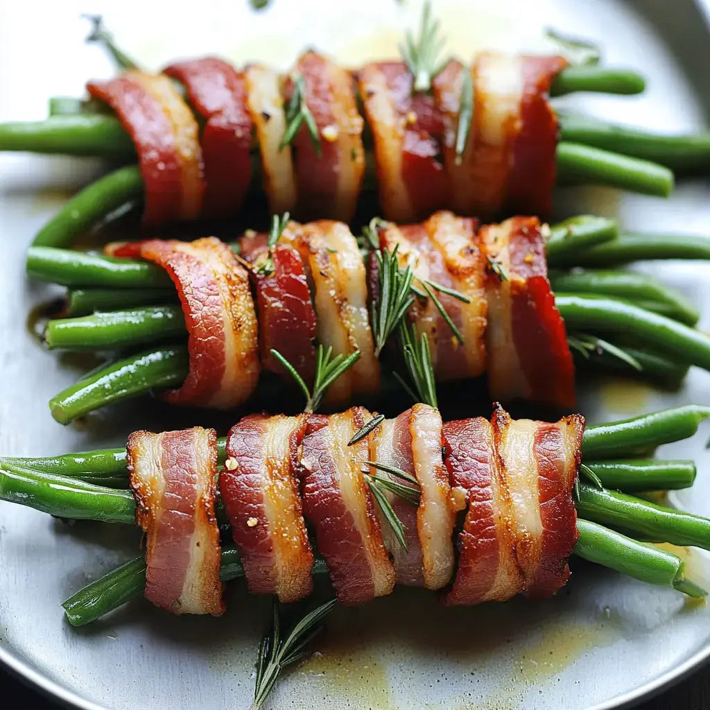 Une assiette de haricots verts enveloppés dans du bacon croustillant, garnie de romarin frais.