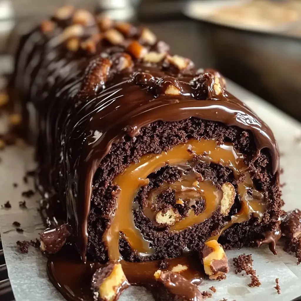 Un gâteau roulé chocolat garni de caramel, noix croustillantes et ganache brillante au chocolat.