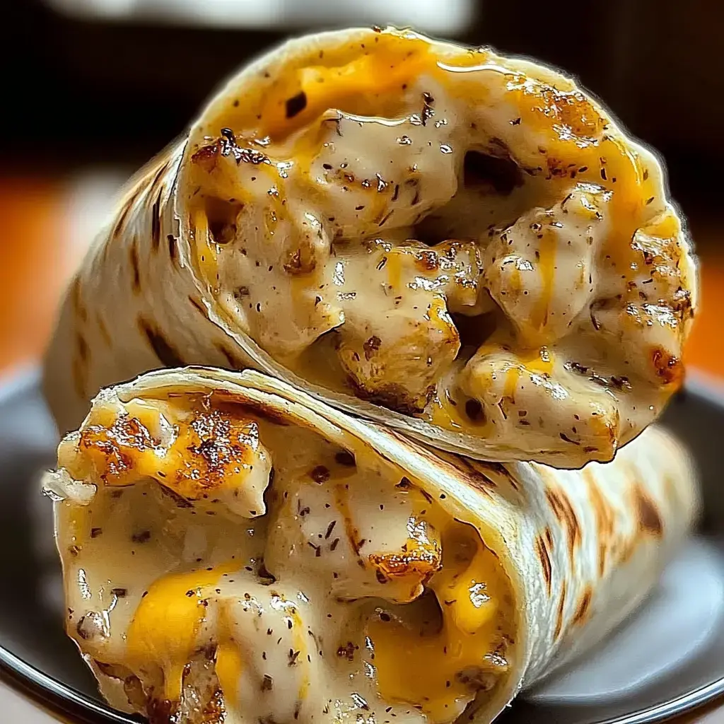 Zoom sur deux wraps grillés garnis de poulet fondant et fromage crémeux, empilés sur une assiette.