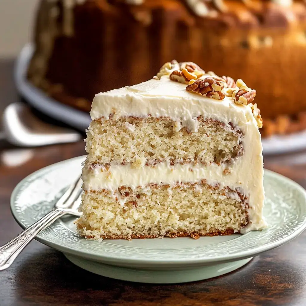 Une part de gâteau glacé crémeux garni de noix de pécan posée sur une assiette vert clair, montrant sa texture en couches.