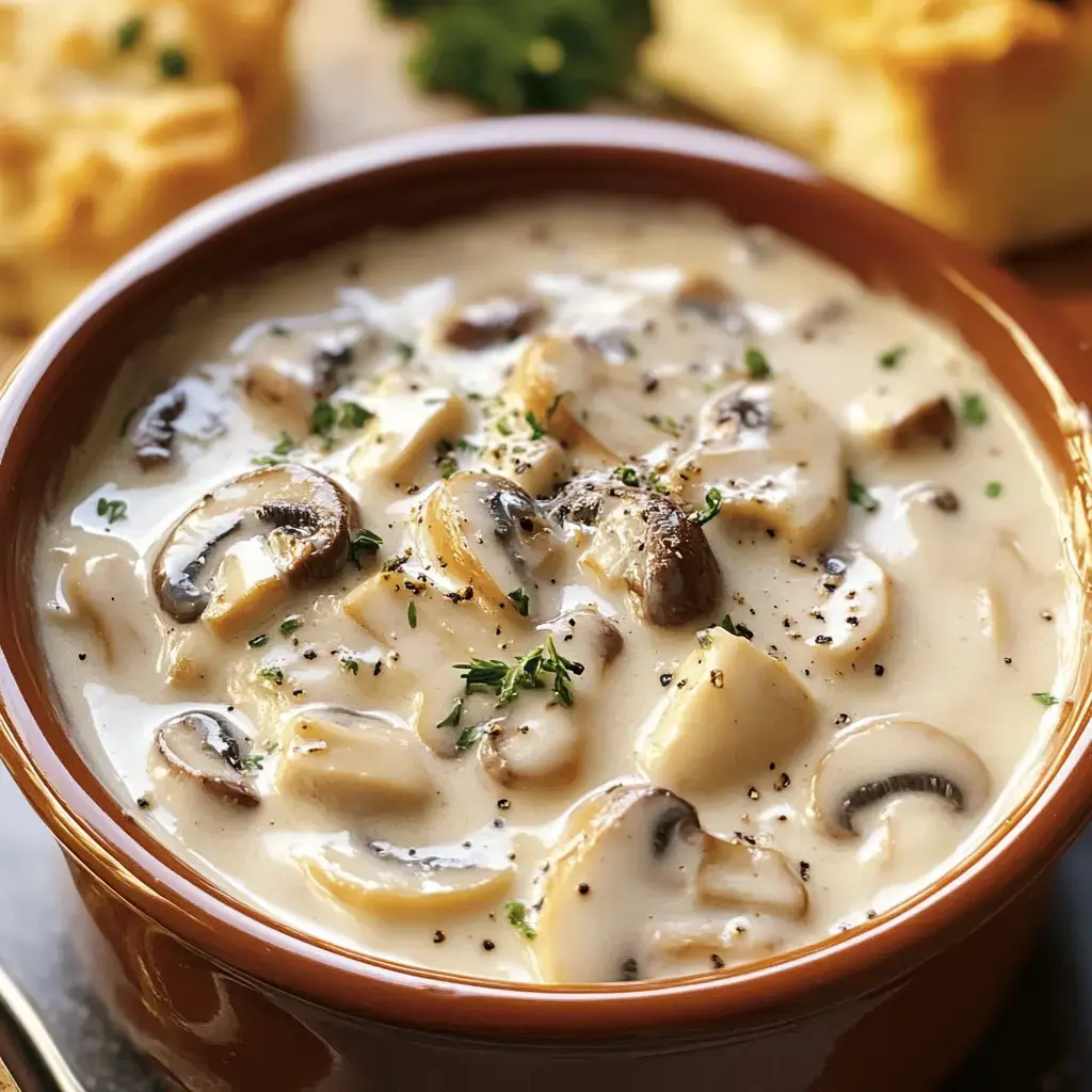 Un bol de velouté de champignons crémeux orné d’herbes et de poivre, pain en arrière-plan.