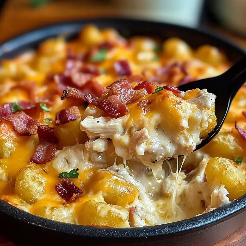 Gros plan sur un gratin doré, avec poulet, gnocchis, bacon croustillant et une cuillère qui sert une portion.