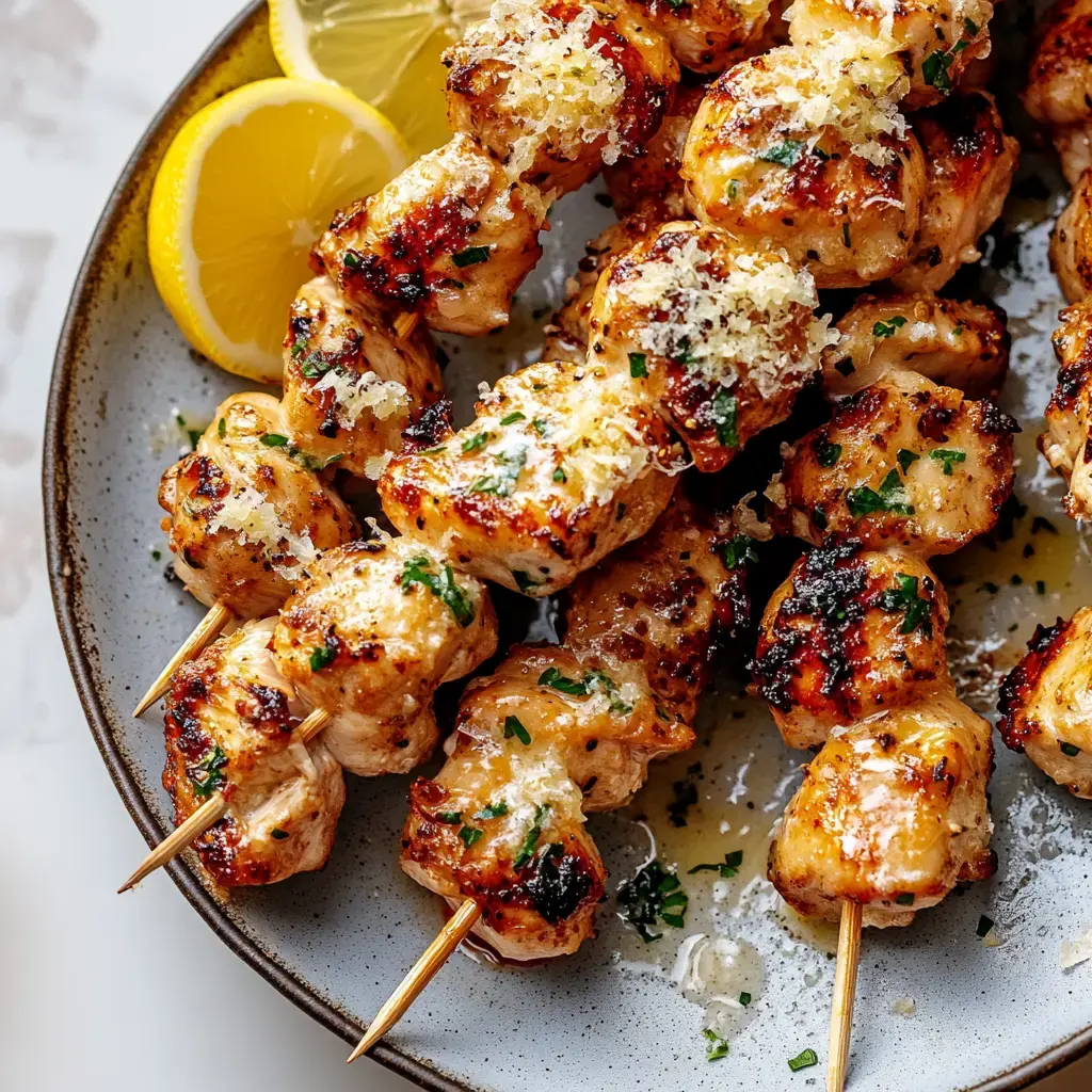 Une vue rapprochée de brochettes de poulet grillées garnies d'herbes et de quartiers de citron sur une assiette.