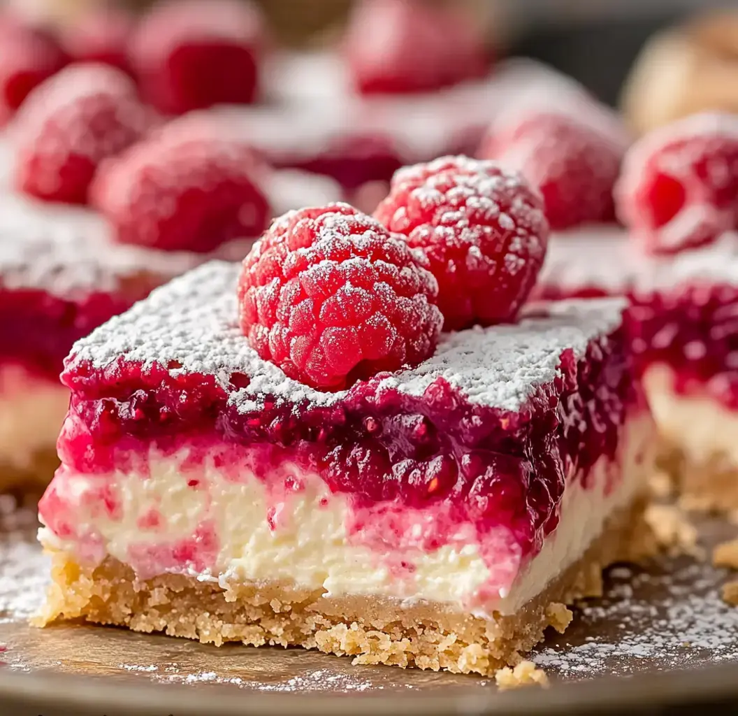 Un gros plan d'un dessert aux framboises avec une couche crémeuse et un saupoudrage de sucre glace, garni de framboises fraîches.