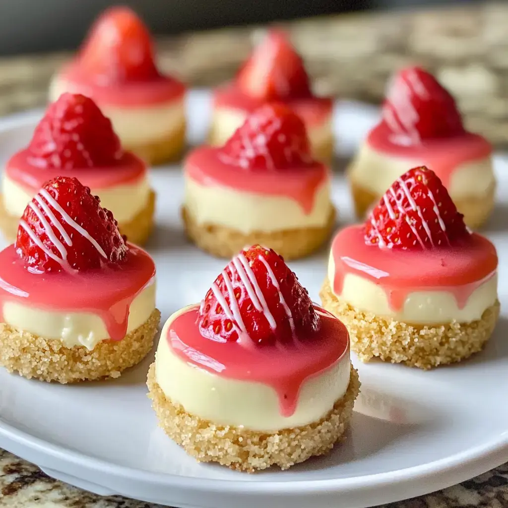 Assiette de petites bouchées fondantes décorées d’un nappage brillant aux fraises et de fruits frais.