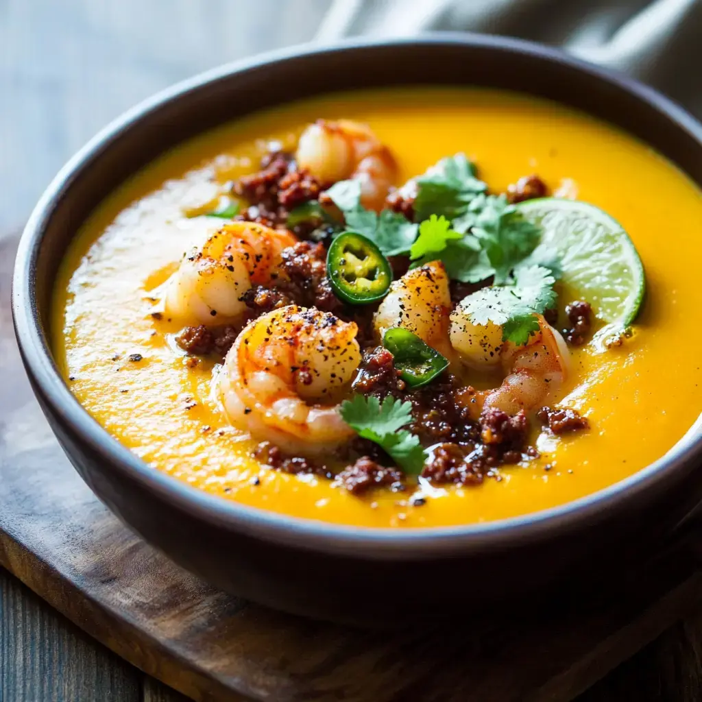 Un bol de soupe orange crémeuse garnie de crevettes, morceaux croustillants, coriandre, lamelles de jalapeños et quartier de citron vert.
