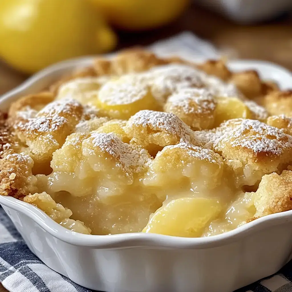Un dessert cuit avec une croûte dorée et du sucre glace sur le dessus, présentant une garniture crémeuse au citron.
