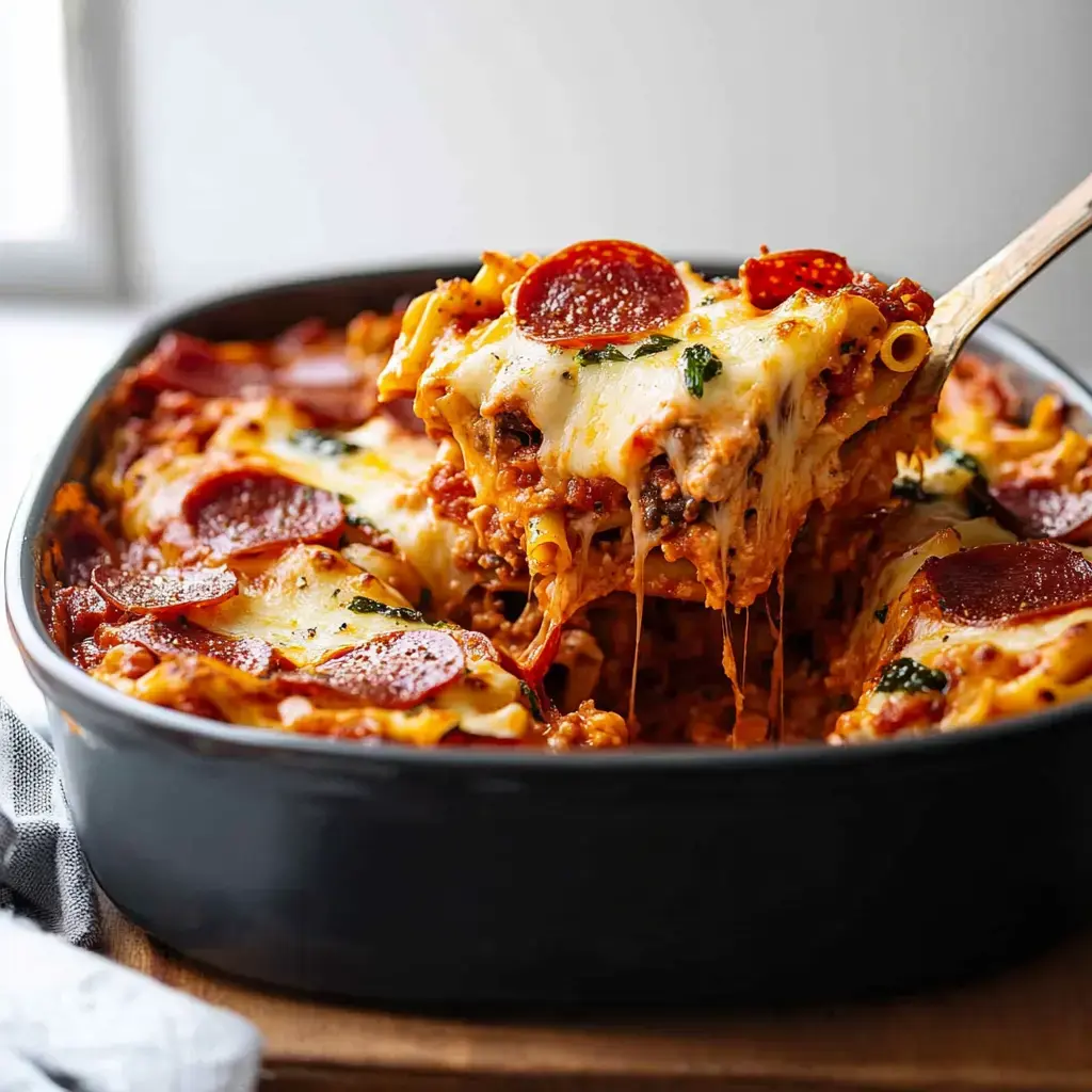 Une portion de lasagne au pepperoni et fromage est soulevée d'un plat noir, montrant les couches de pâtes, viande et fromage fondu.