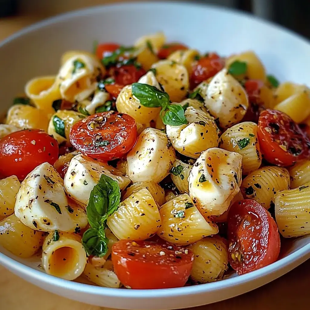 Un bol de pates garni de tomates cerises, billes de mozzarella et feuilles de basilic, saupoudré d'herbes et assaisonnement.