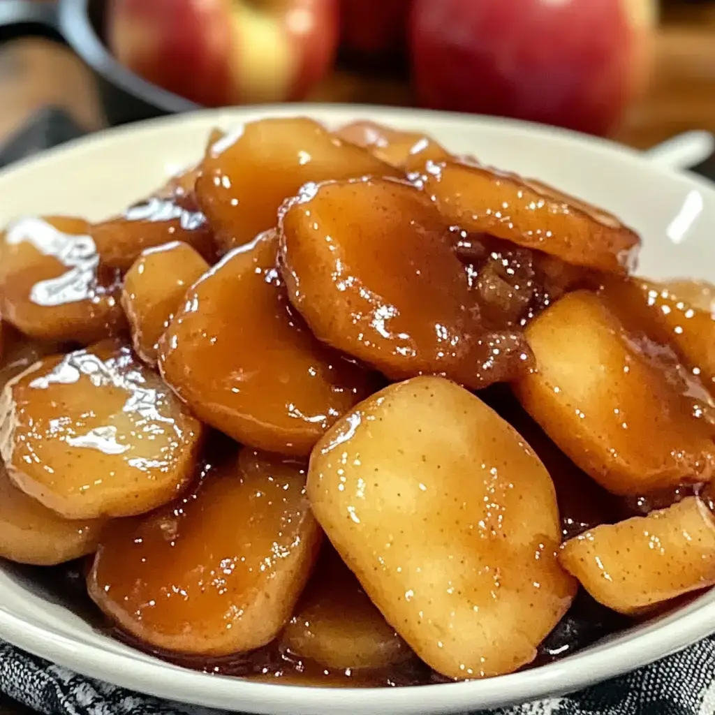Des tranches de pomme caramélisées, nappées de sirop doré, dans un bol avec des pommes entières en fond.