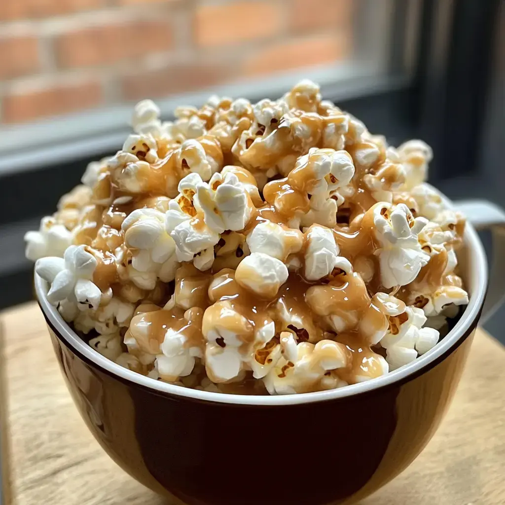 Gros plan sur un bol de popcorn nappé de caramel, posé devant une fenêtre.
