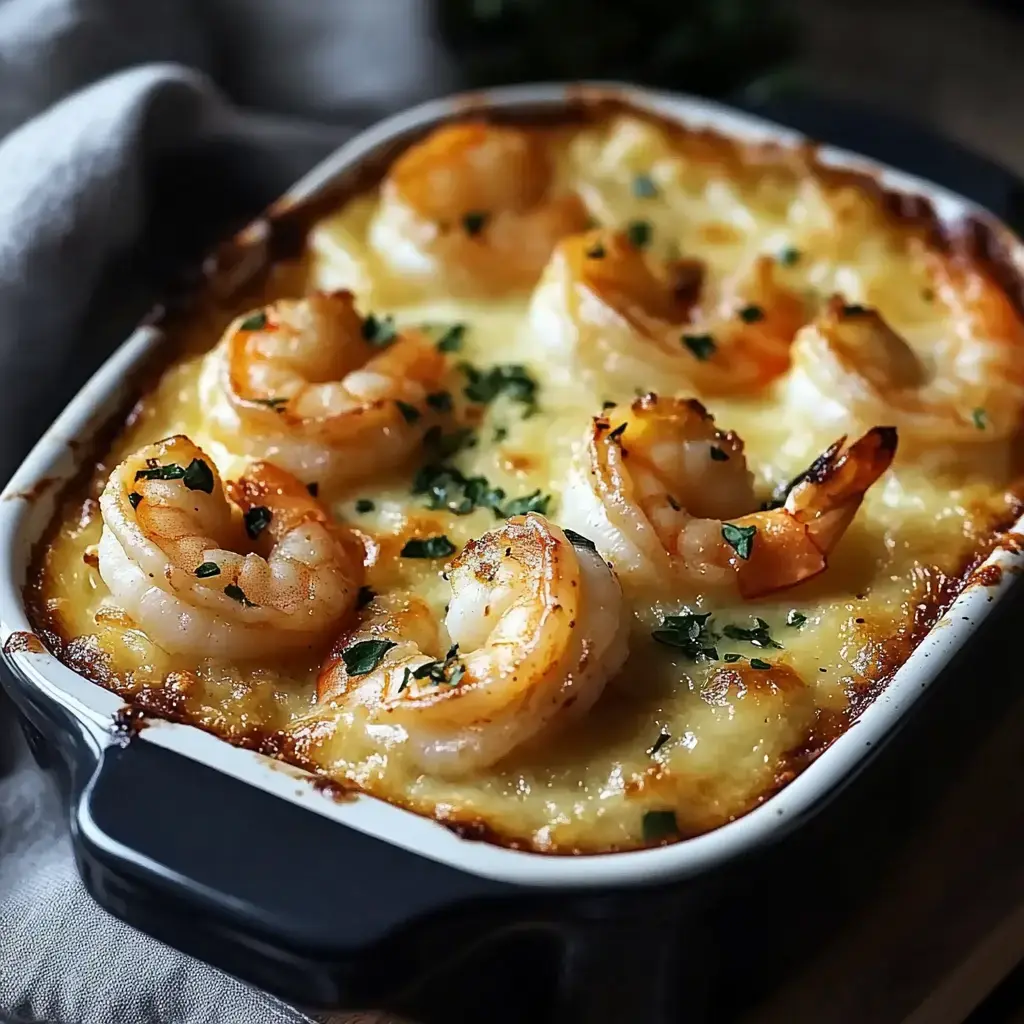 Un plat gratiné doré avec crevettes et herbes fraîches sur le dessus.