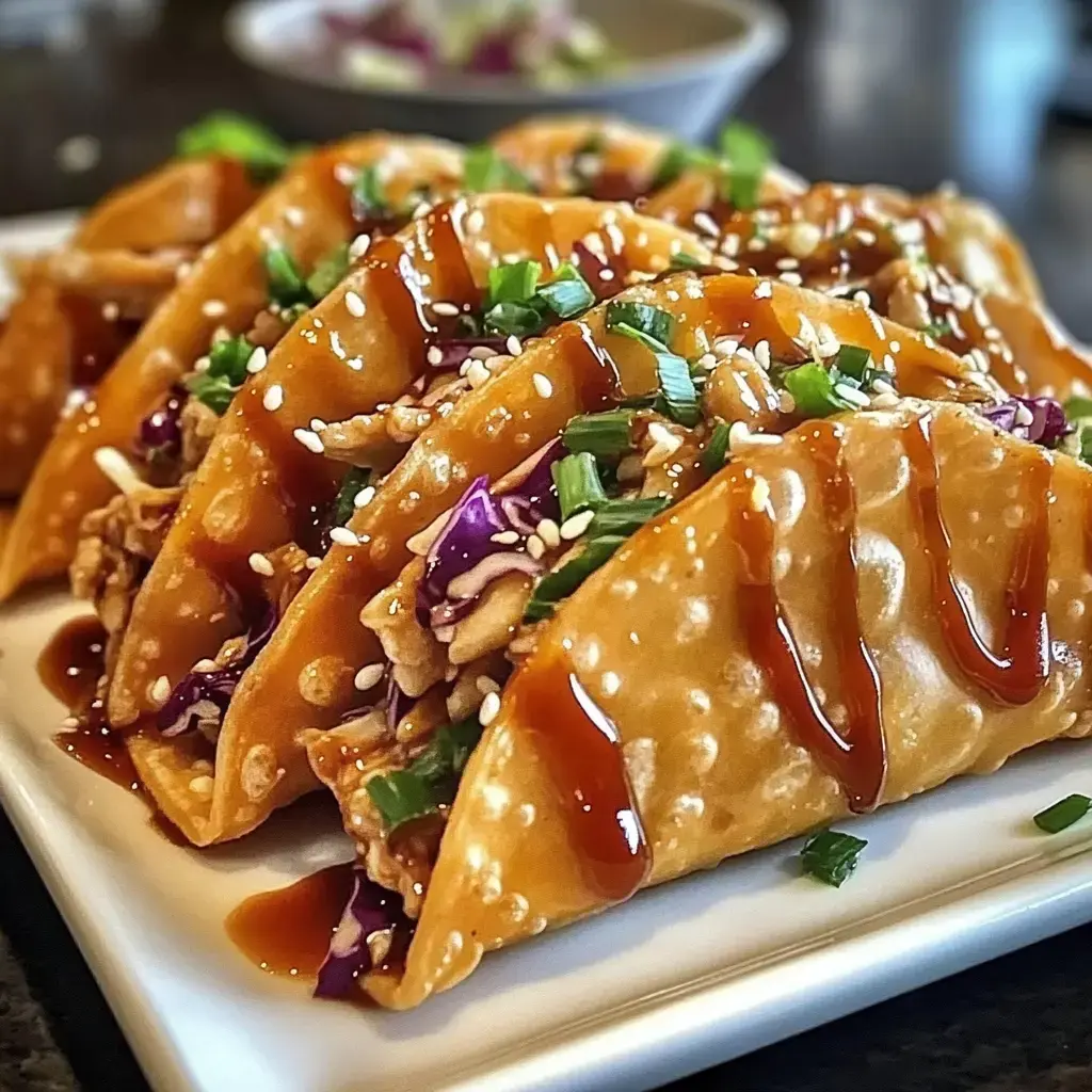 Une assiette de tacos croustillants remplis de poulet effiloché, chou rouge, et garnis de ciboule, graines de sésame, et un filet de sauce.