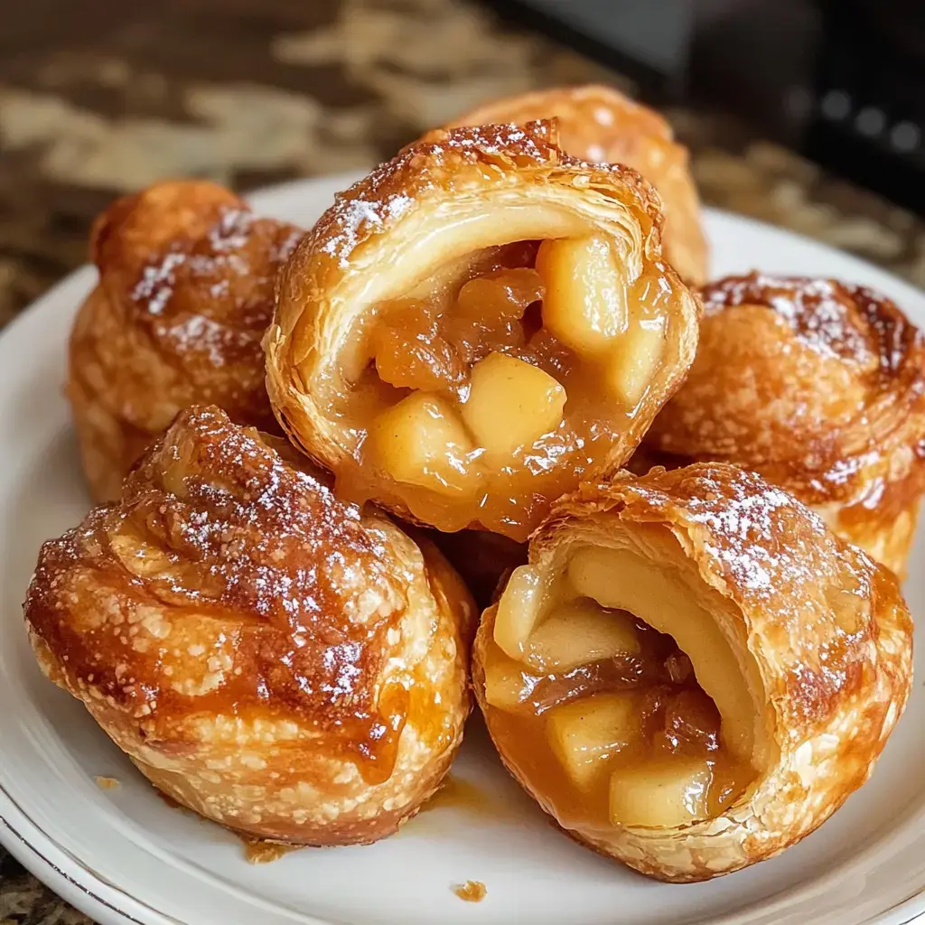 Une assiette de petites pâtisseries dorées remplies de pomme fondante et saupoudrées de sucre glace.