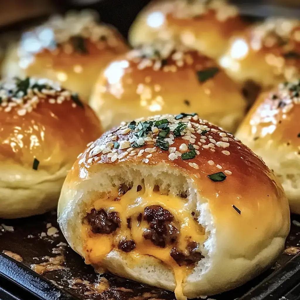 Gros plan sur une brioche bien dorée garnie de viande hachée et fromage fondu, parsemée de sésame et d’herbes fraîches.