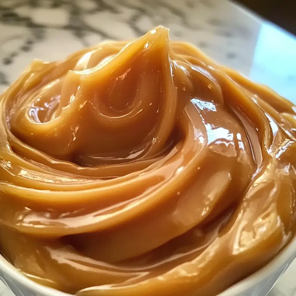 Vue rapprochée d'une sauce caramel onctueuse et crémeuse tourbillonnant dans un plat.