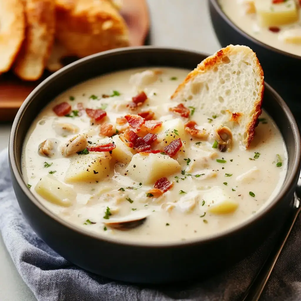 Une soupe crémeuse avec pommes de terre et lardons, garnie de persil, servie dans un bol noir avec une tranche de pain grillé.